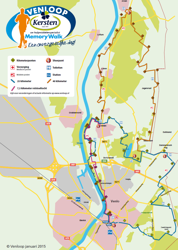 Wandeltochten 25 km (oranje), 40 km (oranje + blauw) en 7½ km