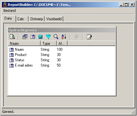 1.4.4.1 124 Het Data tabblad Het eerste tabblad in de Report Builder is het Data tabblad. Hier kunnen tabellen en velden gekozen worden.
