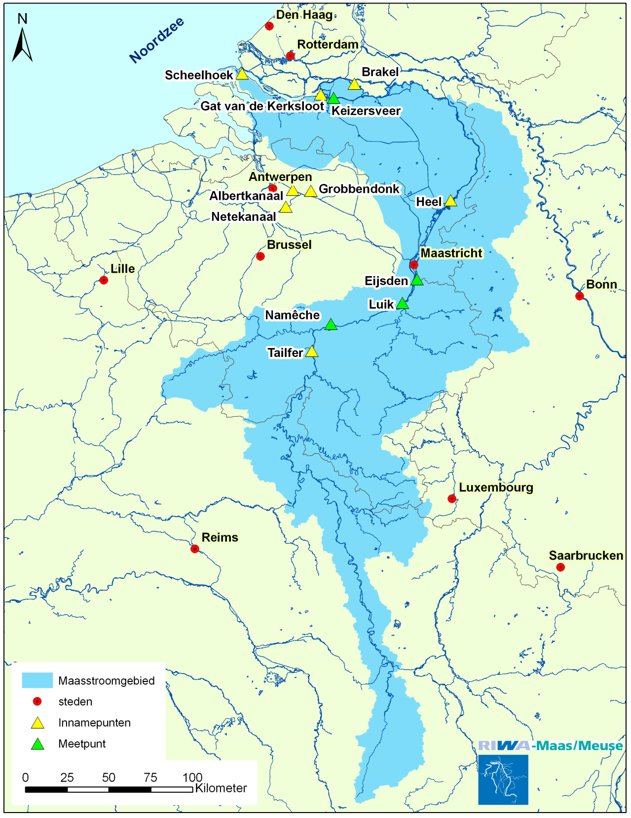 2 Meetresultaten en bevindingen Maas De onderstaande kaart toont de ligging van enkele meetpunten die hier