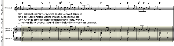 SPP Arrange Een eenvoudige pianobegeleiding maken SPP herkent een pianopartituur aan de accoladen en de combinatie van de G-sleutel / F-sleutel.