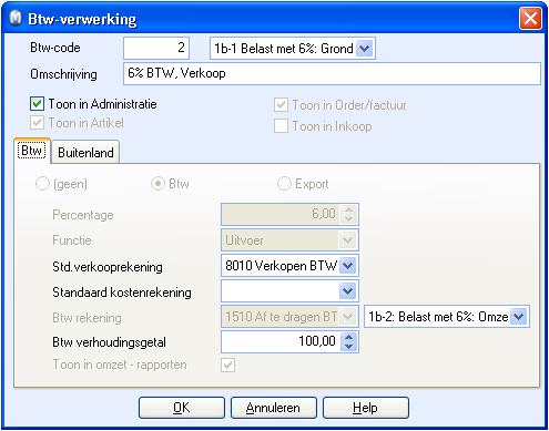 BEDRIJF Hoofdscherm Btw-code: Geeft de plaats aan in de lijst voor het Btw-type. Door deze te veranderen, kunt u de volgorde aanpassen bij keuzes in andere modules.