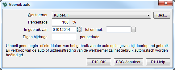 U koppelt nu de werknemer aan deze auto van de zaak via 'Voeg toe': Afbeelding: Werkgeversgegevens, Gebruik auto Percentage 100% Verder kunt u het percentage aangeven waarvoor deze auto van de zaak