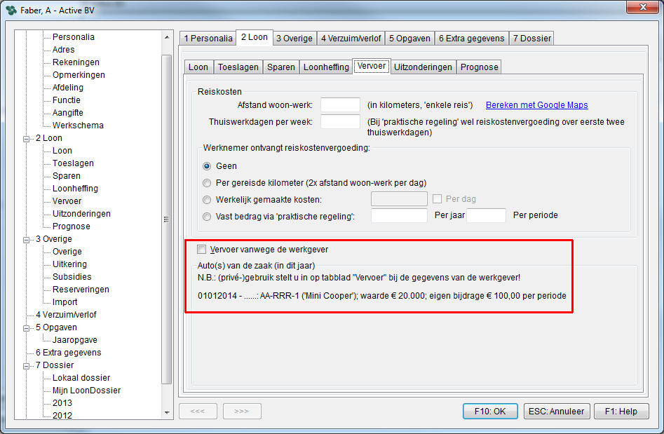 Info tabblad Vervoer bij werknemer Bij de werknemer kunt u op het tabblad Loon, Vervoer ter informatie zien welke auto('s) van de zaak hij heeft, de cataloguswaarde en de eventuele eigen bijdrage: