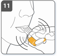 Prik de capsule door: Houd de inhalator rechtop met het mondstuk naar boven gericht. Prik de capsule door, door beide knoppen aan de zijkant gelijktijdig stevig in te drukken. Doe dit maar één keer.