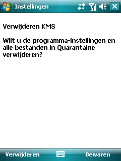 K A S P E R S K Y M O B I L E S E C U R I T Y 8. 0 f. Als u de programma-instellingen en de objecten in quarantaine wilt opslaan, drukt u op Bewaren (zie onderstaande afbeelding).