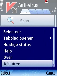 K A S P E R S K Y M O B I L E S E C U R I T Y 8. 0 c. Selecteer Afsluiten in het menu Opties (zie onderstaande afbeelding).