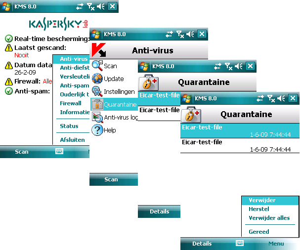 K A S P E R S K Y M O B I L E S E C U R I T Y 8. 0 3. Druk op Menu en selecteer Verwijder. Hiermee wordt het geselecteerde object uit quarantaine verwijderd.