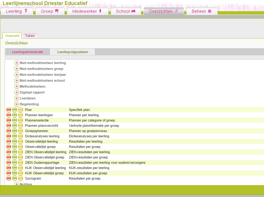 Overzichten printen Van de gemaakte plannen kun je ook een overzicht uitprinten. - Ga naar Overzichten > Leerlingvolgsysteem > Begeleiding.