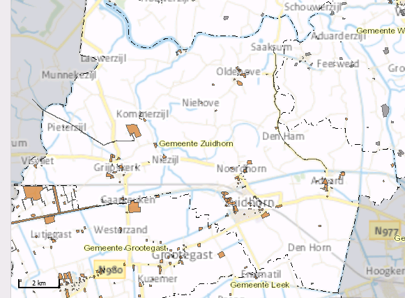 Figuur 3.4 De bodemkaart van de provincie Groningen. Oranje gebieden zijn verontreinigde zones die nog om vervolgactie vragen.