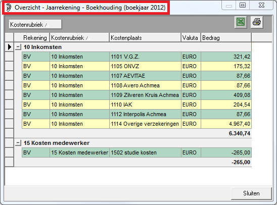 4. Onderstaand overzicht wordt geopend. Hier ziet u, gesorteerd op kostenrubriek, het jaarrekening overzicht van het huidige jaar (2012); 5.