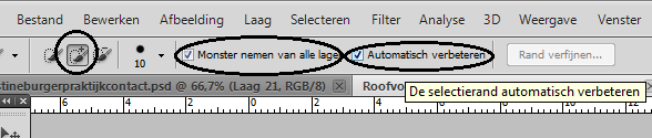 Selectie, Schilder met het Snelle selectie gereedschap over de persoon Je ziet dat de persoon wordt geselecteerd. Zoom in en kijk of alles is geselecteerd.