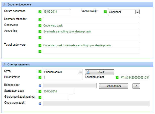 Documentgegevens Omschrijving Automatisch/handmatig Datum document Datum op document Automatisch* Vertrouwelijkheid Vertrouwelijkheid zaak Automatisch Kenmerk afzender Kenmerk document Automatisch*