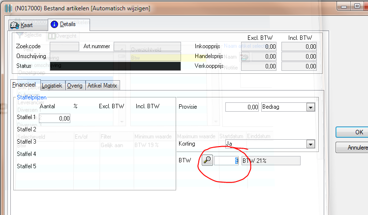 Dit dient dan nog handmatig aangepast te worden, bijvoorbeeld via een Artikelselectie.