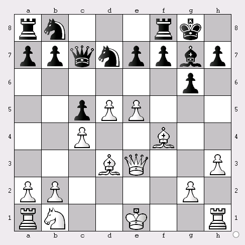 15... f7xe6 16.d5xe6 stelling na 13 Dc7 Opgave 8 Nu blijft zwart ruim in het voordeel. Met welke zet? 16 Lg7-d4 Opgave 9 Een goed alternatief voor wit op de 16 e zet is 16.Tf1. Laat zien dat na 16.