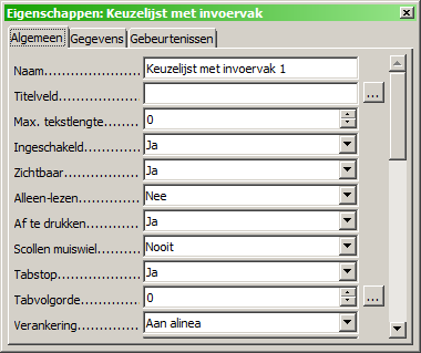 De velden in dit dialoogvenster variëren, afhankelijk van het type besturingselement. Bijvoorbeeld: Sommige besturingselementen hebben zichtbare labels, zoals Knop en Keuzerondje.