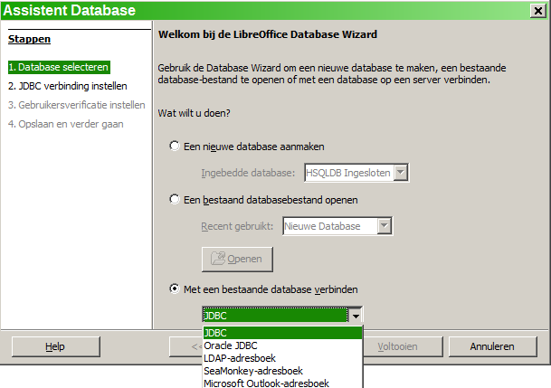 2) Selecteer Met een bestaande database verbinden en kies het type uit de keuzelijst.