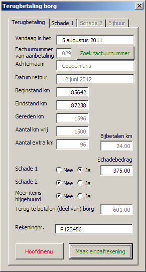 KNOP EINDAFREKENING Eindafrekening Het invulscherm wordt geopend. Het nummer wordt wederom automatisch ingevuld.