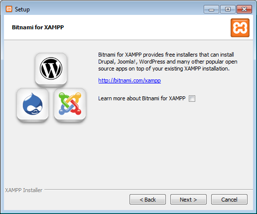 C:\xampp is prima, dus klik op Next. Nu volgt het scherm Bitnami for XAMPP (zie afb.): Verwijder het vinkje en klik op Next.