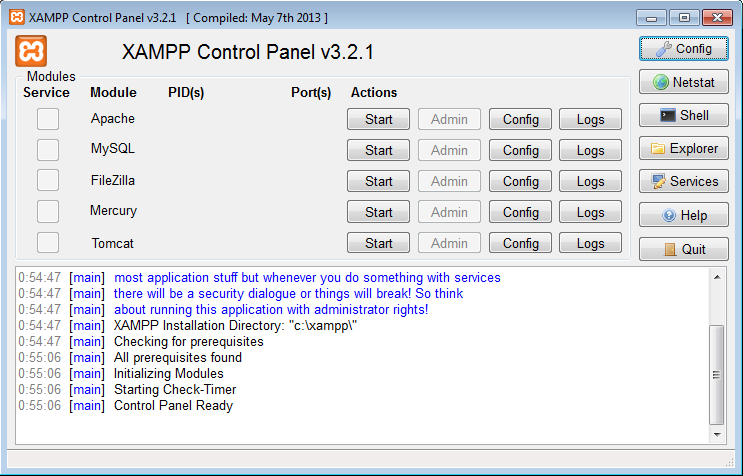 Klik op Finish. Nu wordt het XAMPP Control Panel gestart.