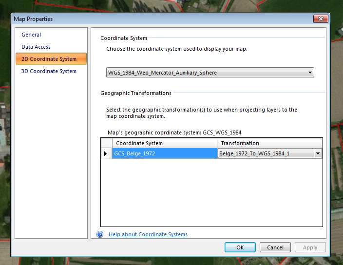 Juist instellen van 2D coordinaat systeem Kies voor coordinate system: WGS_1984_Web_Mercator_Au xiliary_spere Stel ook de juiste transformatie in: Coordinate system: GCS_Belge_1972