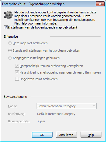 52 Archivering van Enterprise Vault beheren De Enterprise Vault-eigenschappen van een postvak of map instellen 3 Klik op Wijzigen.