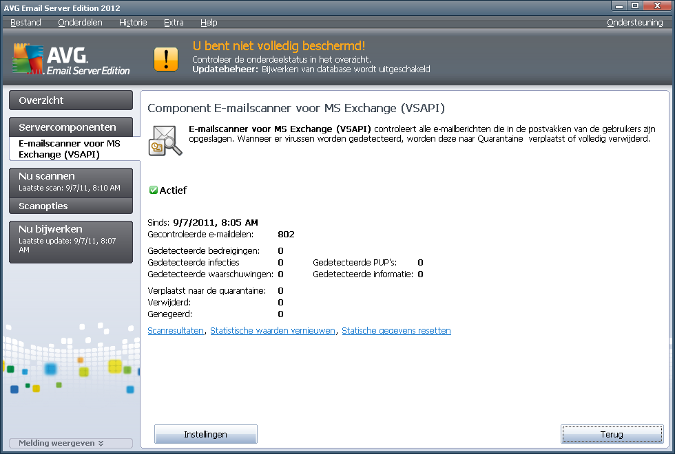 mailscanner for MS Exchange vindt u de volgende knoppen en koppelingen: Scanresultaten Opent een nieuw dialoogvenster met