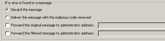 In de volgende sectie kunt u aangeven wat er dient te gebeuren met een geïnfecteerd of gefilterd bericht: If a virus is found in a message (Als er een virus is aangetroffen in een bericht) Dit kader