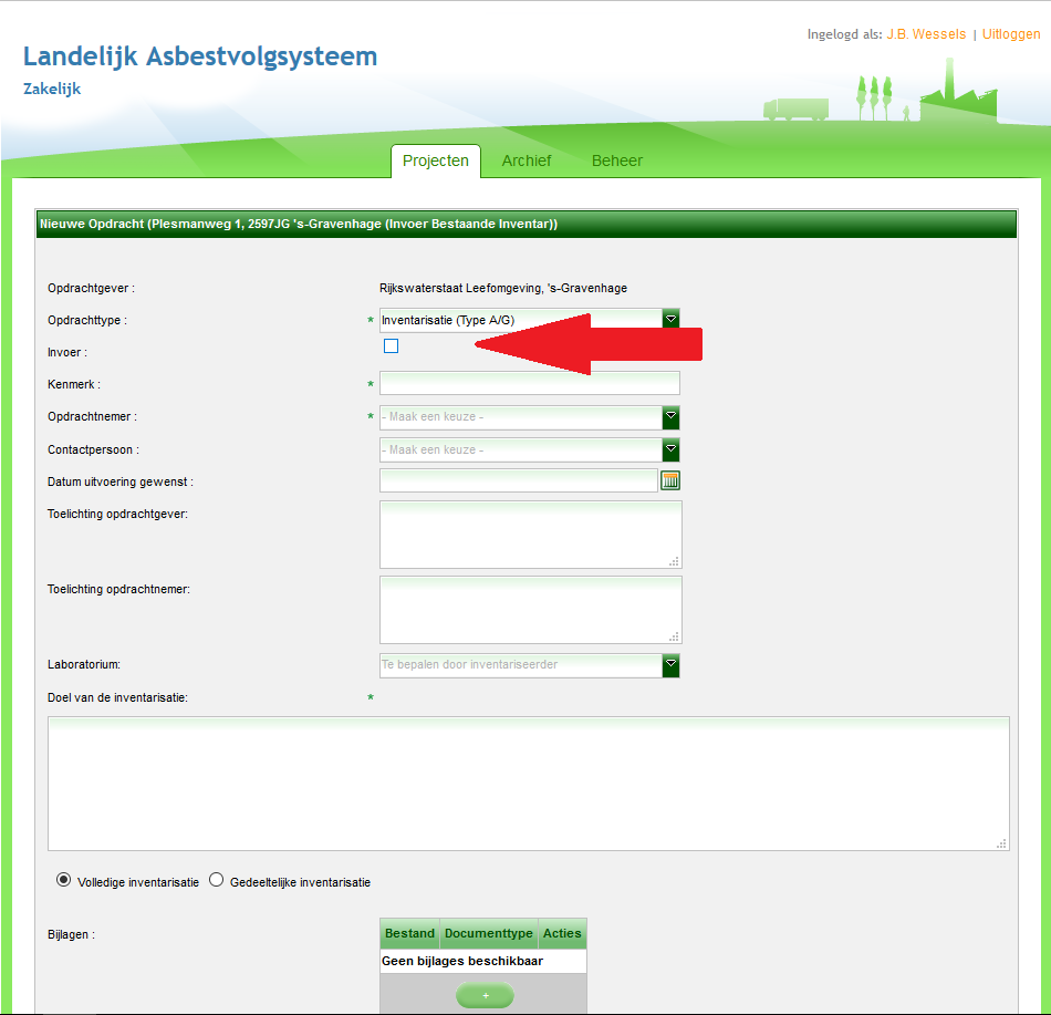 BESTAANDE INVENTARISATIE INVOEREN In het onderstaande scherm moet u de vink bij