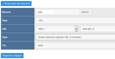 Dit type wordt gebruikt als u een URL-forward wilt instellen. In het onderstaande voorbeeld wordt www.test.nl geforward naar http://www.qdc.