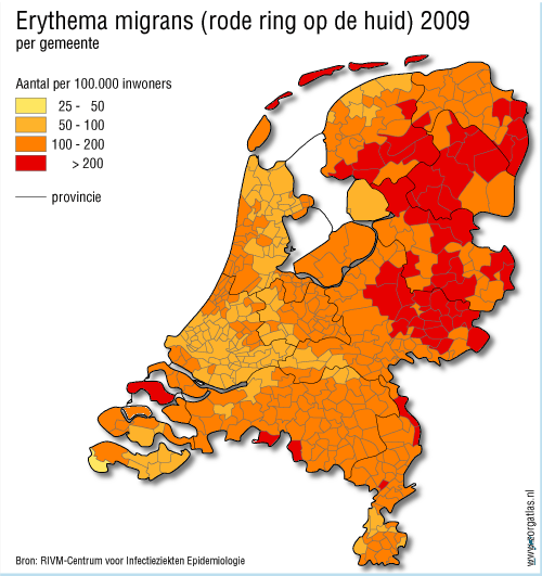 De ziekte van Lyme is geen meldingsplichtige ziekte, maar er zijn wel gegevens over het aantal mensen dat door de huisarts is gezien met een rode ring op de huid.