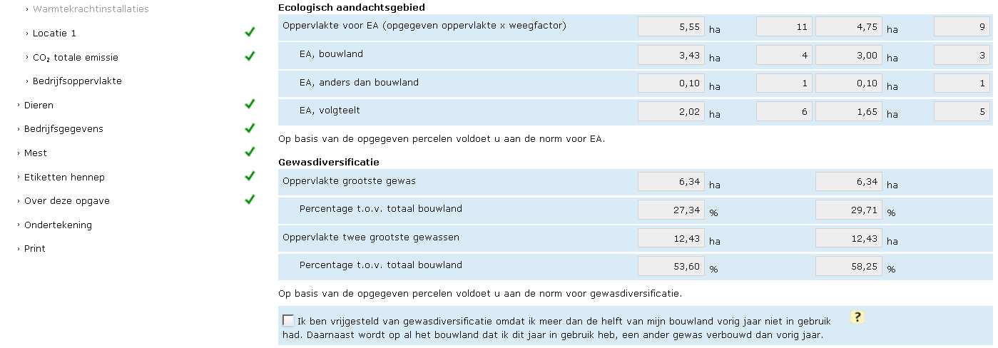 Ook ziet u of u voldoet aan de normen voor gewasdiversificatie en ecologisch aandachtsgebied. 2 3 Het bovenste gedeelte laat zien welke oppervlakten u heeft opgegeven.