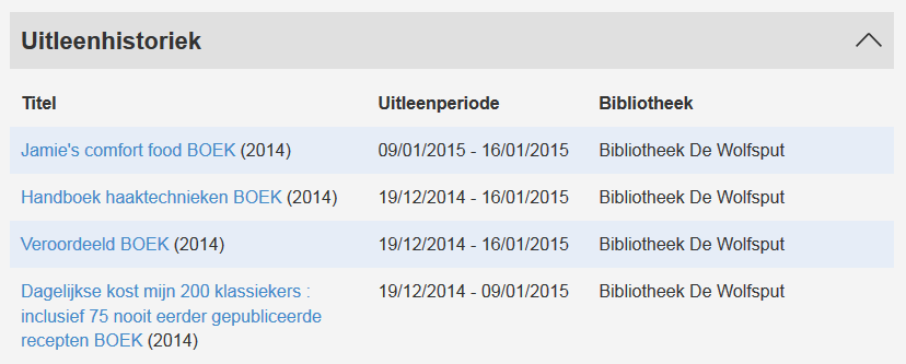 4.5 Uitleenhistoriek Onder Uitleenhistoriek krijg je een overzicht van alle eerder uitgeleende materialen in de bibliotheek met hun uitleen -en inleverdatum. Dit menu is standaard ingeklapt.