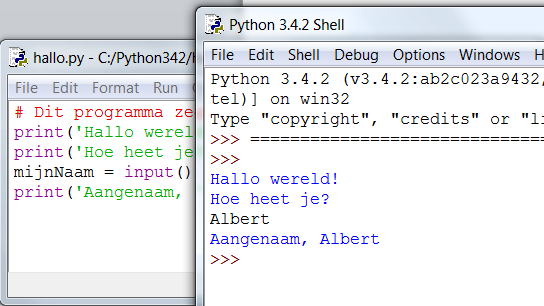 Hoofdstuk 3 Programma's schrijven 17 Afbeelding 3-5: De interactieve shell na het starten van hallo.py. Zodra je je naam typt en op ENTER drukt, begroet het programma je met je naam. Gefeliciteerd!