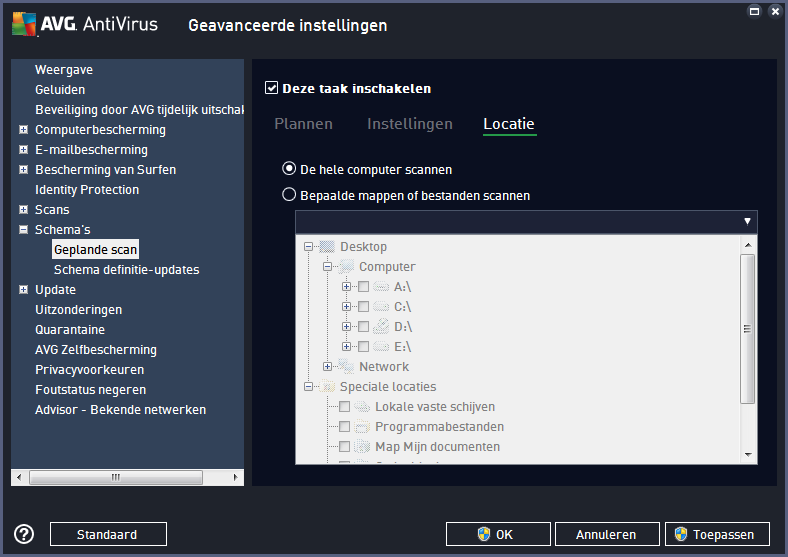 Op het tabblad Locatie kunt u opgeven welke scan moet worden uitgevoerd: een scan van de hele computer of een scan van bepaalde bestanden of mappen.
