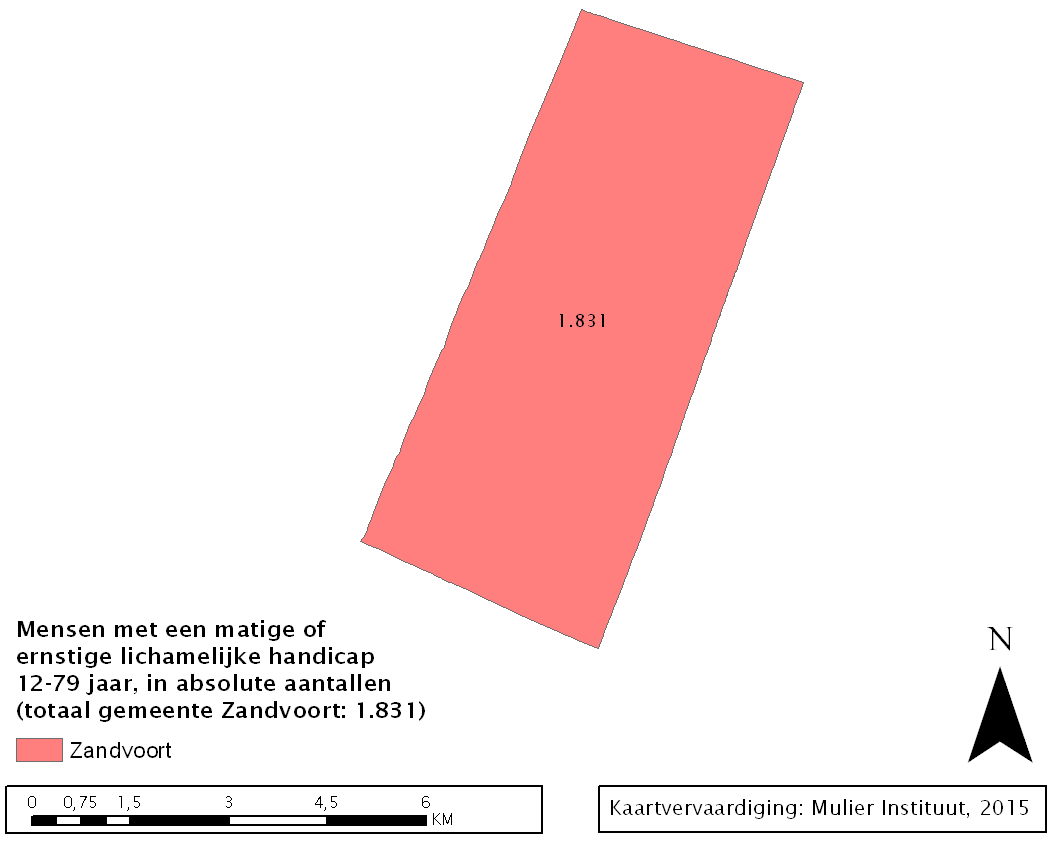 Figuur B2.6 Schatting aantal mensen met een matige of ernstige lichamelijke beperking binnen de gemeente Velsen, 12-79 jaar (in aantallen) Figuur B2.