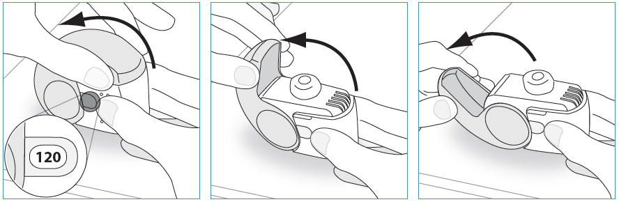 2. Zrg dat het beschermkapje vlledig is geslten vrdat u de inhalatr gebruikt. E.2. Openen 1. Hud uw inhalatr stevig rechtp vast. 2. Open het beschermkapje vlledig. 3.