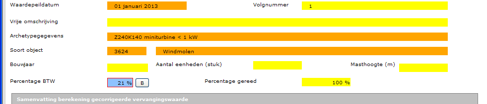 Voorbeeld Archetype Z240W440 heeft een standaardhoogte van 78 meter en voor waardepeildatum 1 januari 2015 een standaard kengetal van 836. Als een windturbine van 2.