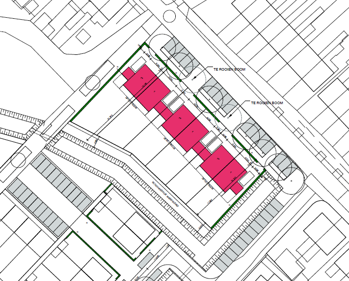 Stedenbouwkundig plan t Buitenhof met de nieuwe grondgebonden woningen aan de oostzijde (Bron: