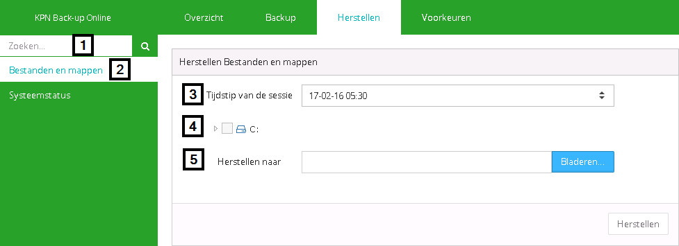 3.1.4 Herstellen Afbeelding 5: herstellen venster Via Herstellen wordt het gedeelte tot alle geback-upte data hersteld. Van een specifiek bestand tot aan de volledige systeemstatus van de server.