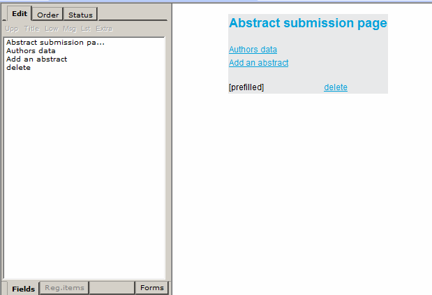 3.3 Invoerpagina abstracts (Abstract submission page) Nadat u alle gegevens op het welkomstscherm geconfigureerd hebt, klikt u onderin scherm (a) op 'Forms' en scherm (b) verschijnt. a. b.