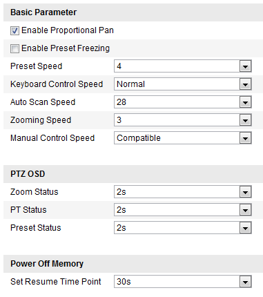 40 5.2 Basis-PTZ-parameters configureren Doel: U kunt de basis-ptz-parameters configureren, waaronder proportioneel pannen, het stilzetten voor presetovergangen, de presetsnelheid, enzovoort. 1.