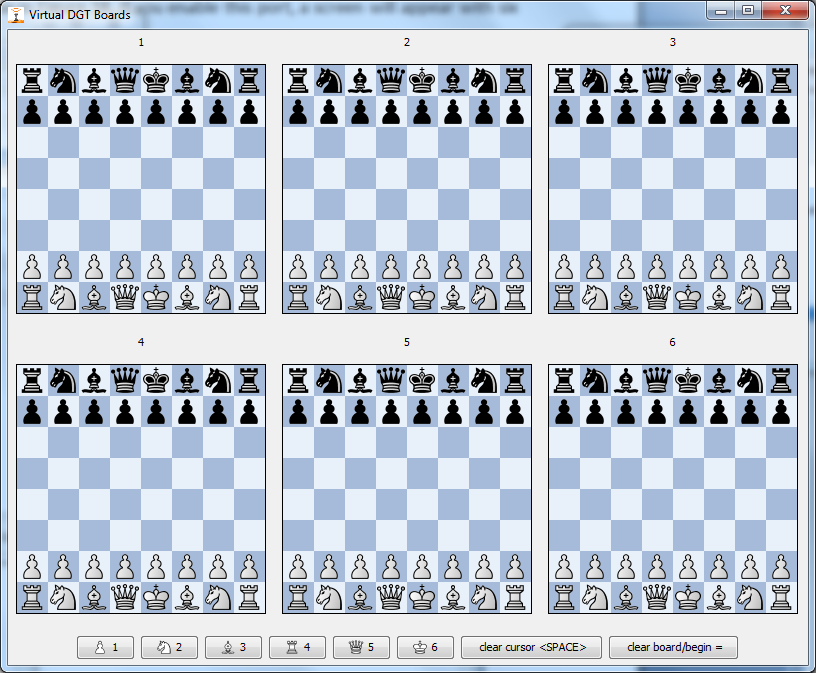 Deze poort wordt in het scherm nu weergegeven met zes virtuele DGT schaakborden (Afbeelding 43). Met deze virtuele e-boards kunt u echte schaak partijen simuleren.