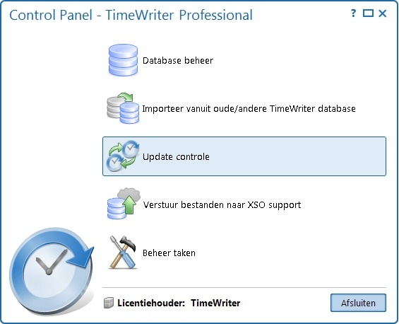 TimeWriter Professional Applicatie en database beheren (ControlPanelPro) Gebruik het programma \control\controlpanelpro om de TimeWriter applicatie en database te beheren.