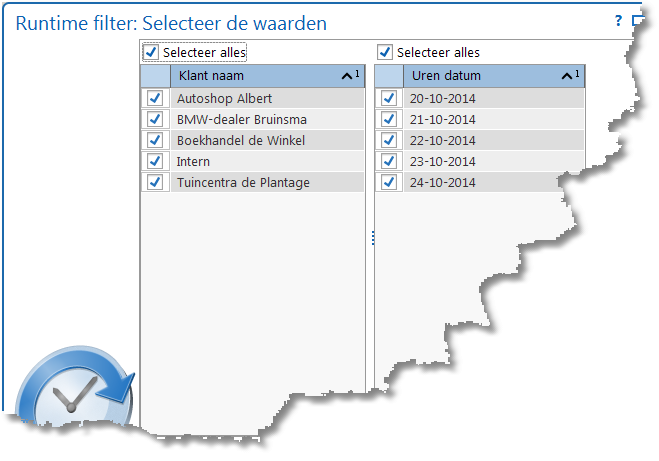 Runtime filter Het Runtime filter toont de gevonden waardes van de voor het filter geselecteerde