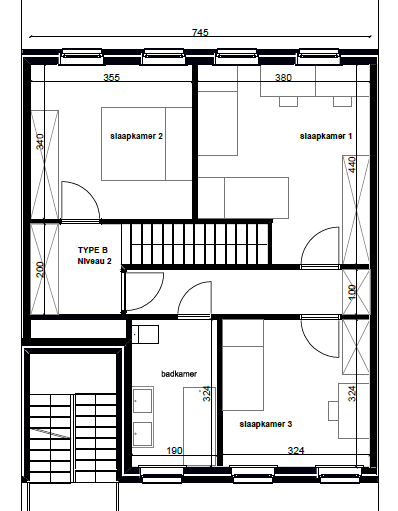 TYPE B Duplex appartement met 3 slaapkamers (niveau 1 niveau 2).