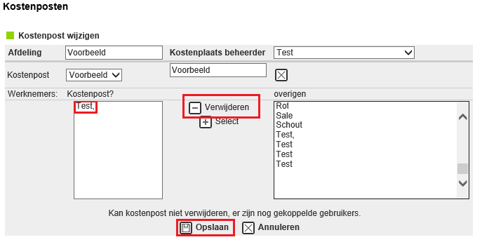 7. De geselecteerde gebruiker(s) wordt in de linkerkolom weergeven bij werknemers kostenpost?. Bevestig de wijziging door te klikken op Opslaan. 5.2 Hoe verwijder ik een kostenpost?