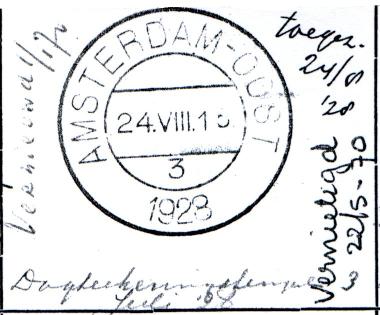 AMSTERDAM Oost AMSTERDAM-OOST 1 KBBK 5036 Opgeleverd door De Munt op 21 augustus 1928. Het stempel werd toegezonden op 24 augustus 1928 en vernietigd op 22 mei 1970.