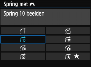 x Snel opnamen zoeken I Door opnamen navigeren (opnamesprong) In de weergave van één opname kunt u aan het instelwiel <6> draaien om snel vooruit of achteruit door de opnamen te bladeren, al naar