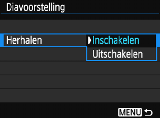 3 Diavoorstelling (automatische weergave) Optie jalle bldn idatum nmap kmovies zfoto's 9Classificatie Beschrijving van weergave Alle foto's en movies op de geheugenkaart worden weergegeven.