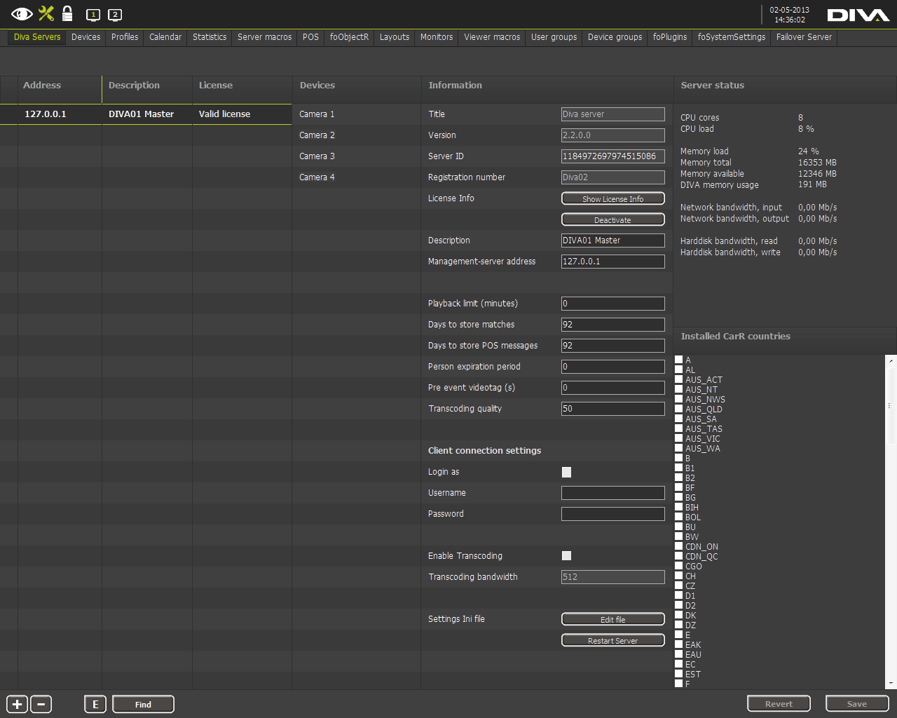 Hoofdstuk 5 Setup mode DIVA instellingen zijn zichtbaar nadat er op het gereedschap icoon is geklikt in het top menu.